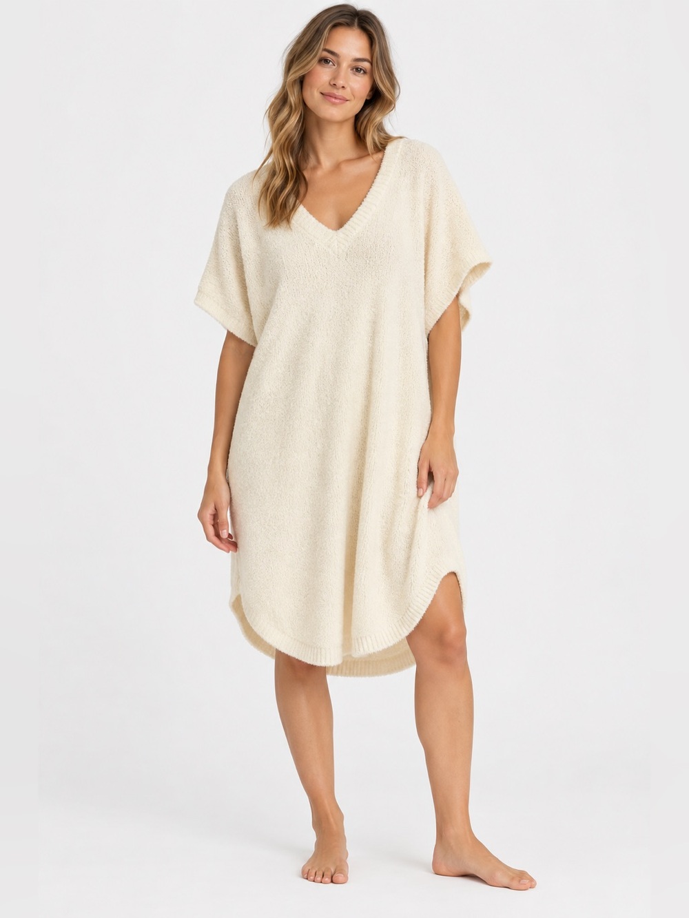 Softies Cozy Cloud Caftan Ivory V-Neck Lounge Dress Size L/XL NWT